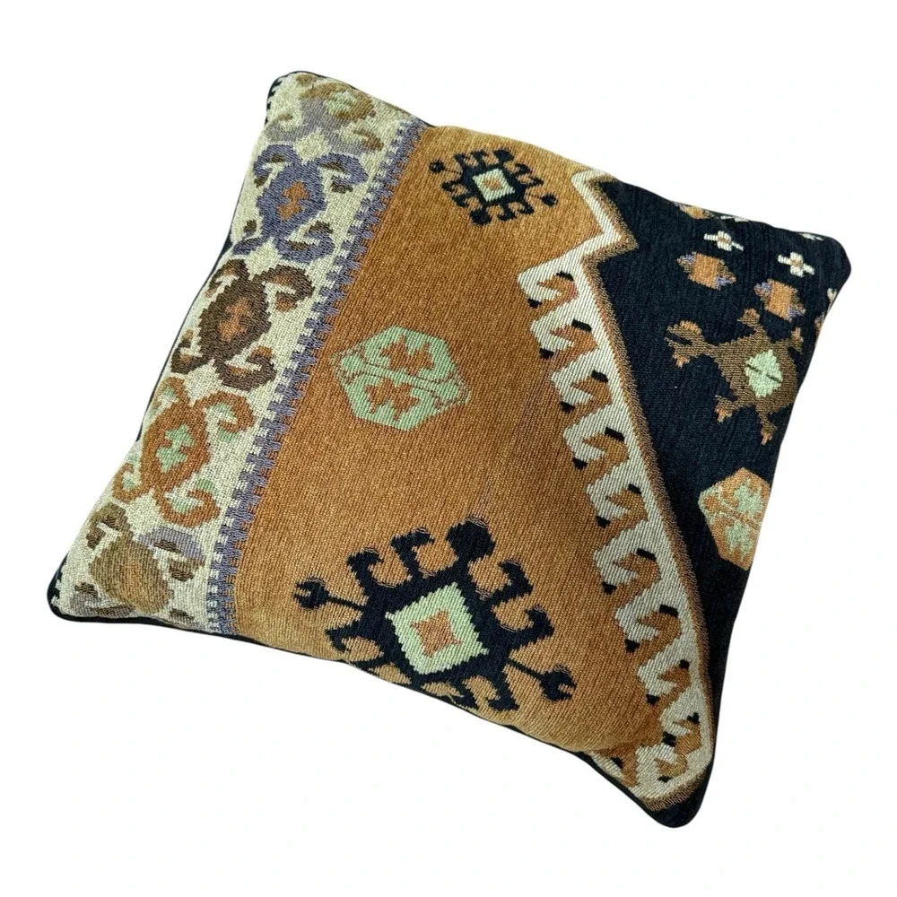 Southwestern Kilim Tapestry Throw Pillow 16x16 Geometric Boho Aztec Brown Black